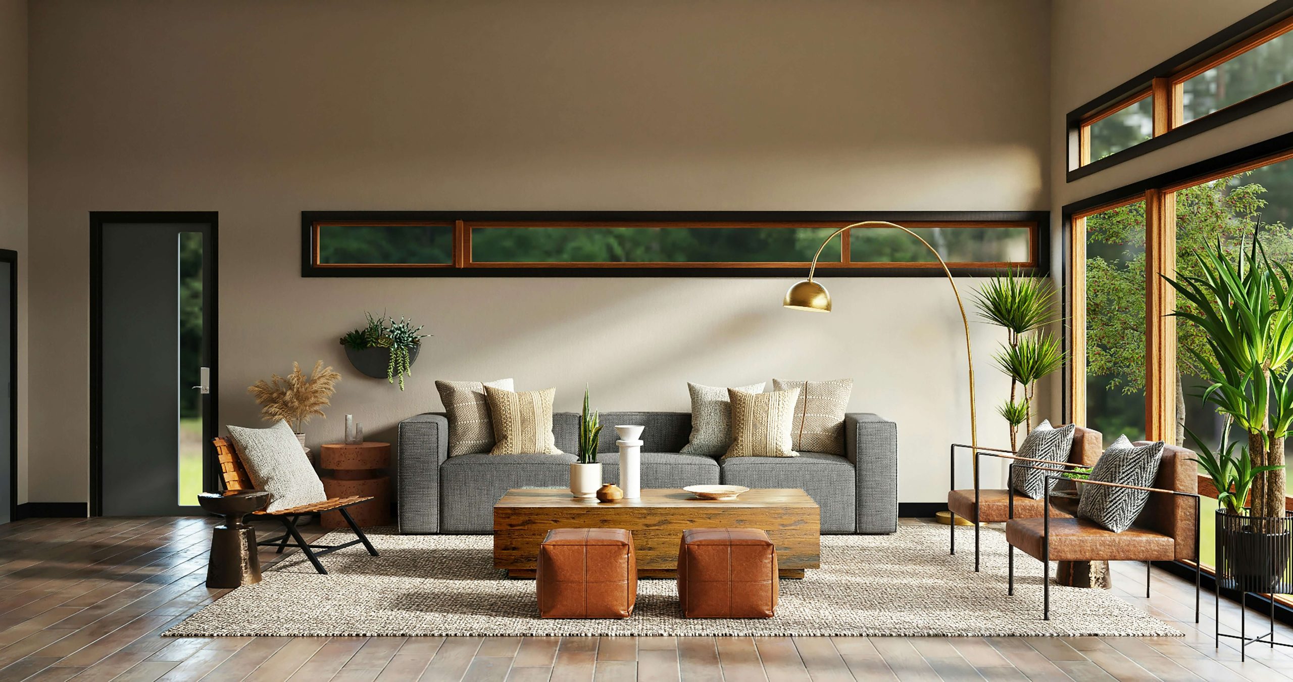 Model home design featuring a sunlit living room with a gray sofa, leather chairs, a wooden coffee table, and indoor plants.